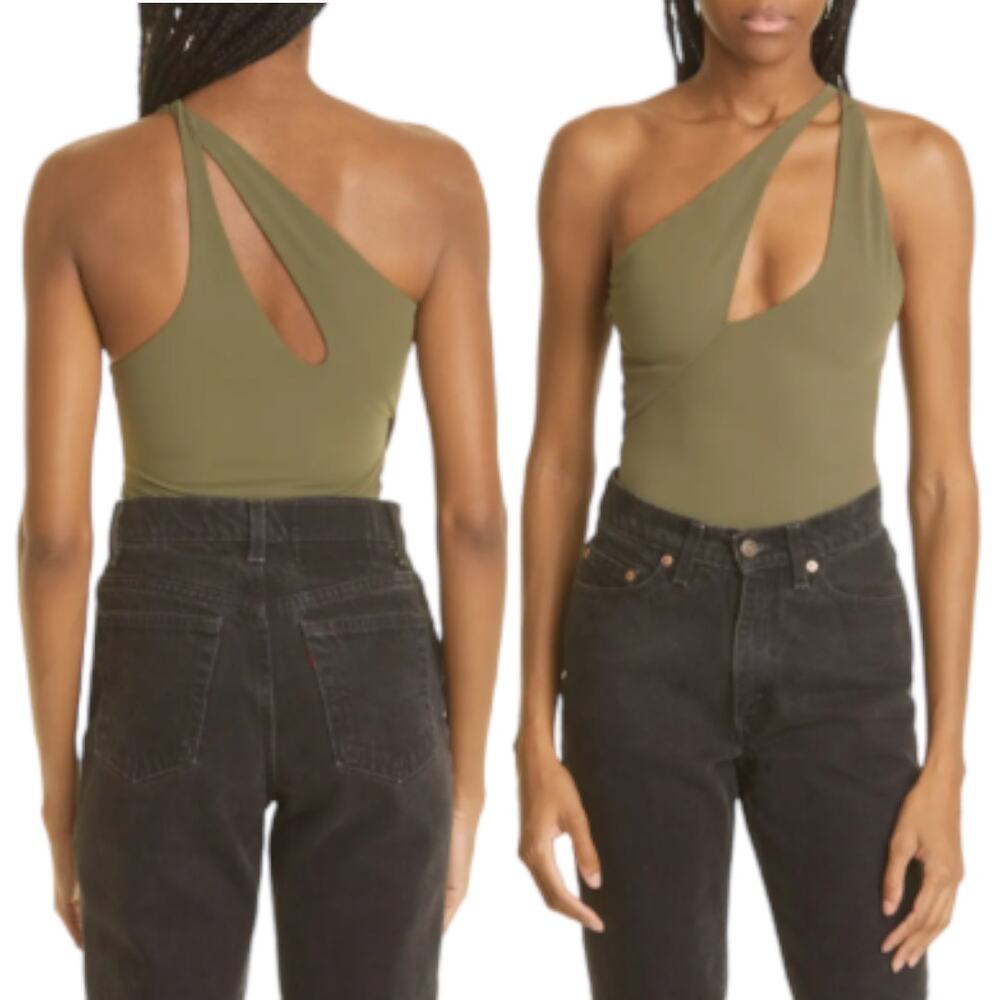 Alix NYC NEW Page One Shoulder Cut Out Thong Bodysuit Olive Military Green Small